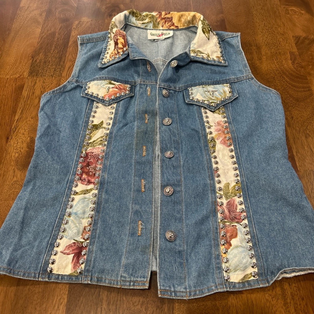 Green Field vintage vest women’s Medium Denim Floral Vest with Studded Details